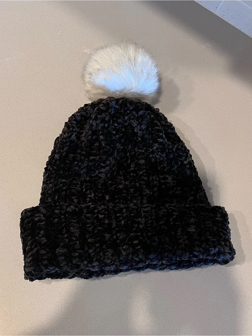 Black chenille knit beanie with white faux fur pom pom, oversized, handmade